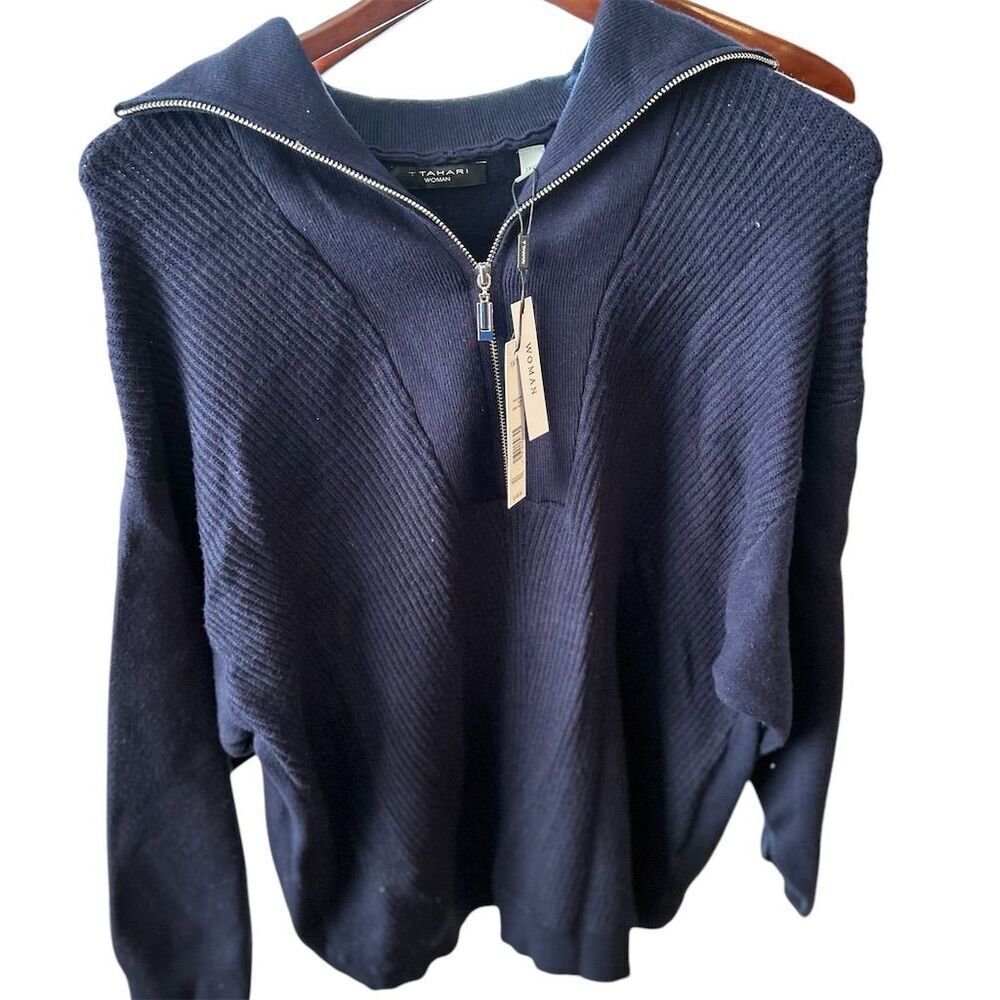 Tahari Women's 1X Navy Blue Ribbed Funnel Neck Half-Zip‎ Pullover Sweater